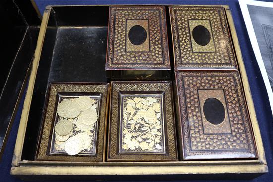 A Chinese export lacquer counter box with sixty six mother of pearl fish bezique markers